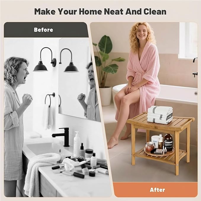 Bamboo Shower Bench with Storage Shelf, Waterproof Bath Stool for Bathroom, Spa Chair for Sitting, Shaving Legs, Elderly & Senior Safe, Heavy-Duty Bath Bench Chair, 23", 300 lbs Capacity (Wood Color)