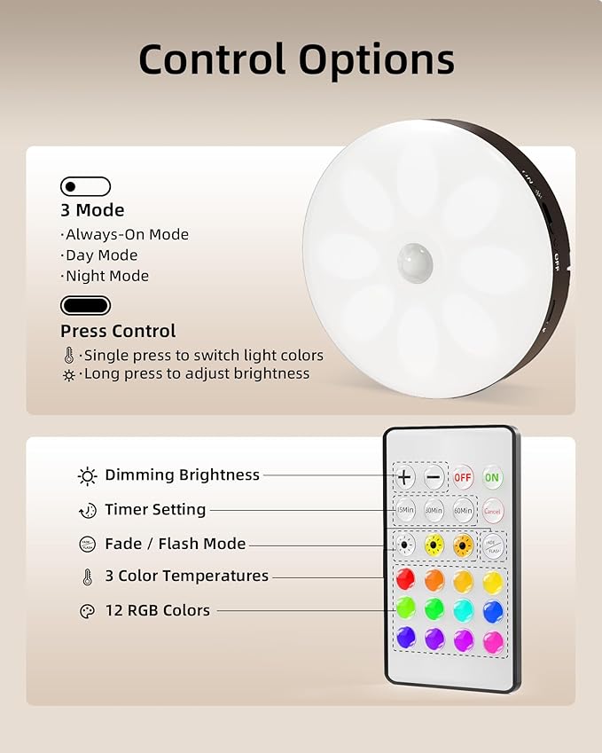 EZVALO Under Cabinet Lighting,1000mAh Rechargeable Puck Lights with Remote,3 Color Temps & 12 RGB Motion Sensor Closet Lights Indoor,Dimmable Under Cabinet Lights for Kitchen,Cabinets,Closet (3 Packs)