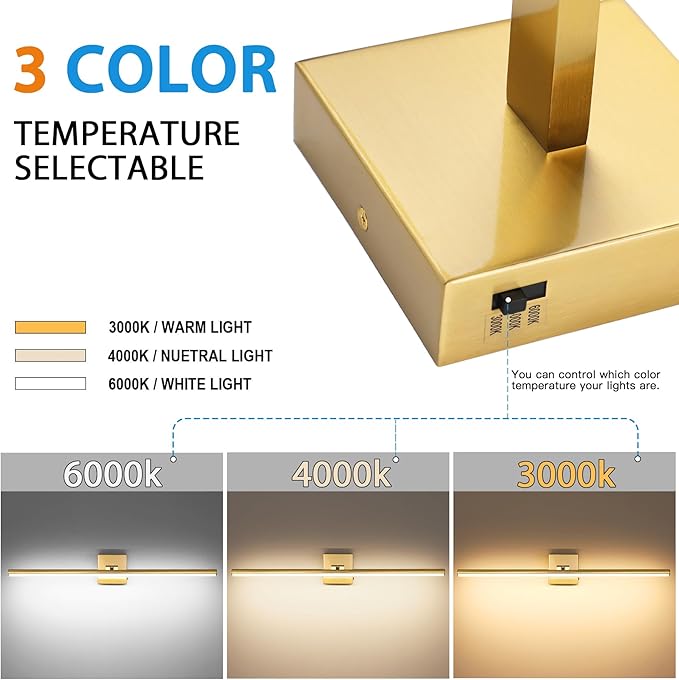 32 Inch LED Bathroom Vanity Light (3000K/4000K/6000K, Dimmable), Brass Modern Bathroom Light Fixture Over Mirror, Vanity Light Bar with Angle Adjustable