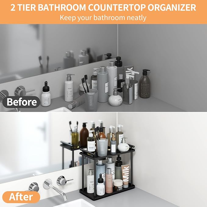 2 Tier Bathroom Organizer Countertop, Bathroom Counter Organizer, Small Vanity Shelf Skin Care Countertop Organizers and Storage Makeup for Dresser, (Black)