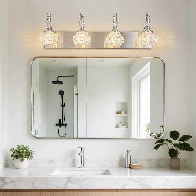 Modern Glass Crystal Vanity Light - Vintage Bathroom Lighting Fixtures Over Mirror, 4 Light Vanity Lights G9 Bulb (27.55 Inch, Nickel)