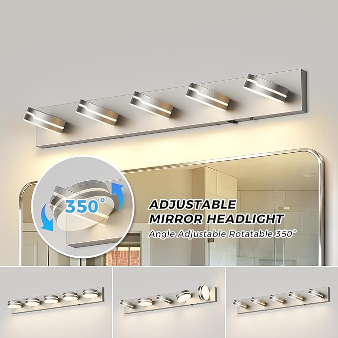 32In Motion Sensor Vanity Light Brushed Nickel, 3CCT 5-Light Modern LED Bathroom Lighting Fixtures Over Mirror, Rotatable Head, Dimmable 3000K-6000K Wall Sconce, Anti-Rust Silver