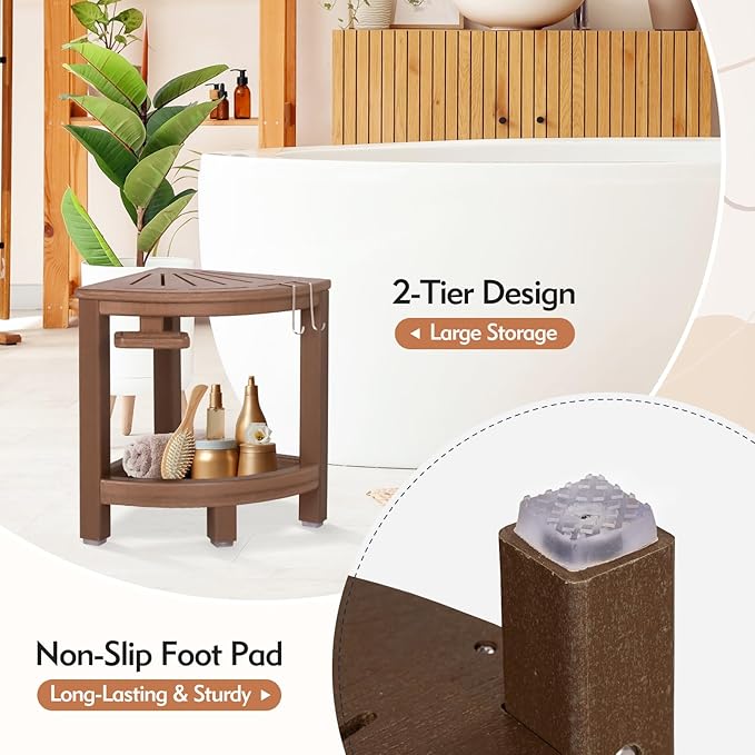 2-Tier Corner Shower Bench with Hooks & Soap Dish, HDPE Waterproof Stool for Shaving Legs, Non-Slip Shower Foot Rest - Brown