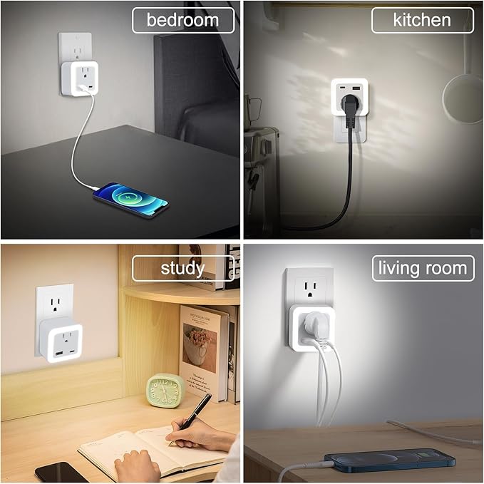 JackonLux Night Lights Plug Into Wall 2 Pack Rechargeable Battery Backup Light Dusk to Dawn Sensor Night Light with Outlet Expander for Adults Kids Bedroom, Kitchen, and Bathroom (Daylight - 5000K)