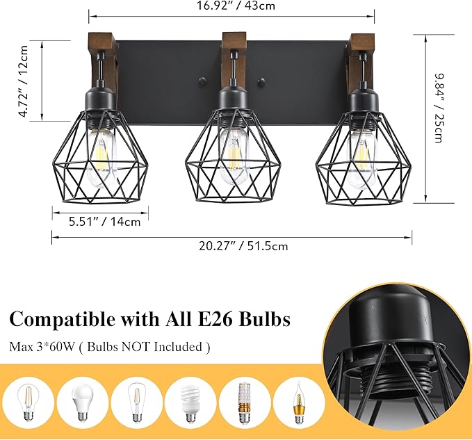 3-Light Farmhouse Bathroom Vanity Light Fixtures, Wood Bathroom Light Over Mirror, Rustic Sconces Wall Lighting with Elegant Metal Lampshade for Living Room, Bedroom, Hallway