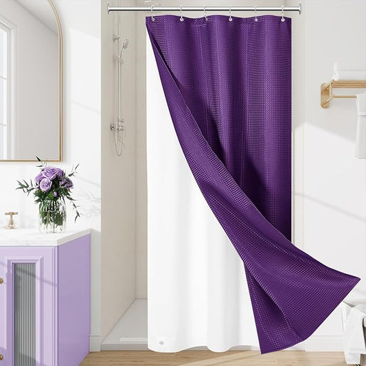 3 in 1 Stall Half Size Purple Shower Curtain Set-36 W x 72 H, Modern Waffle Waterproof Fabric and PEVA Liner Set with Stainless Steel Hooks