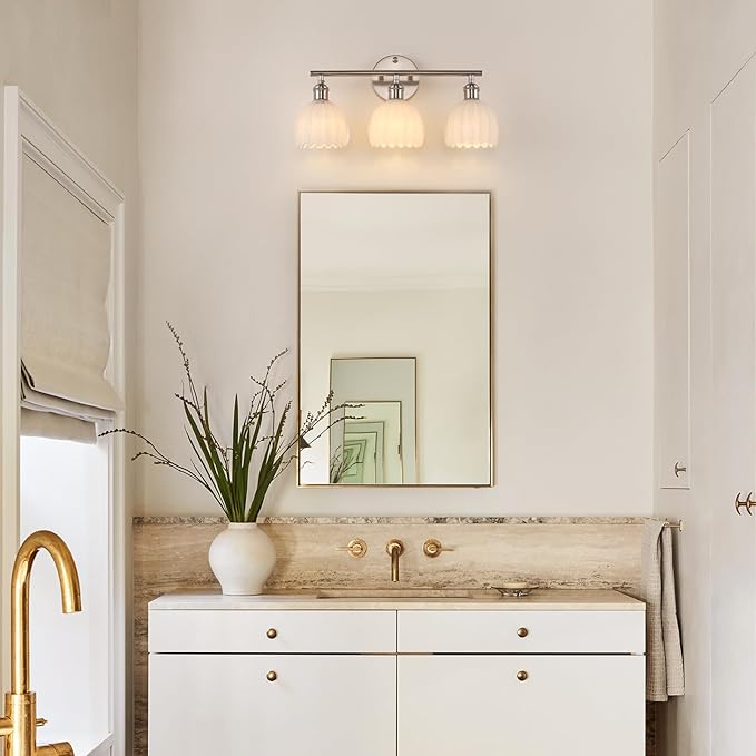 Bathroom Light Fixtures, 3-Light Vanity Wall Light Over Mirror with White Tulip Glass Shade for Bedroom Living Room (Bulb Not Included), Satin Nickel