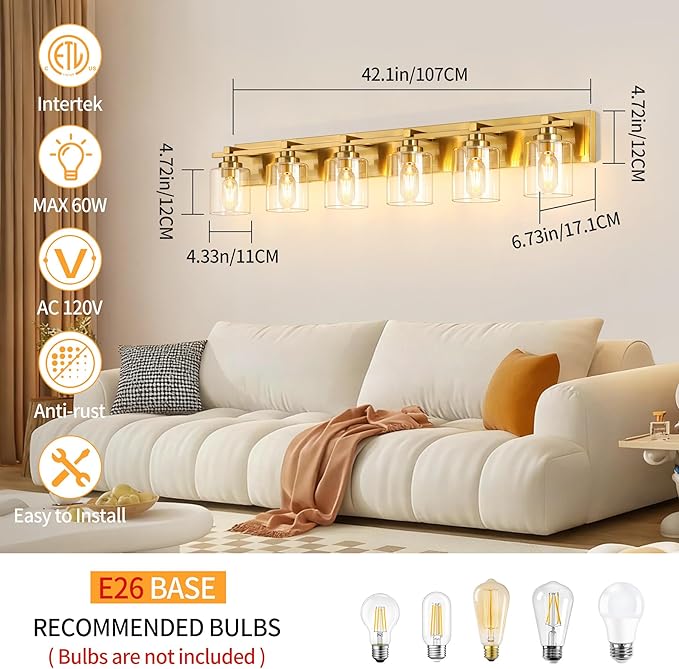 6 Light Modern Bathroom Light Fixtures Over Mirror, Brass Finish Vanity Lights for Bathroom Wall Sconces with Clear Glass Shades, E26 Socket (Bulbs Not Included)