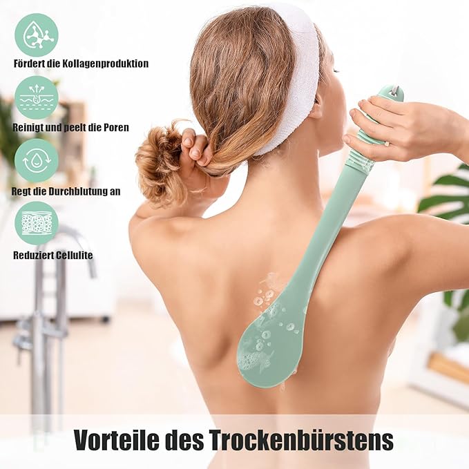 17-Inch Back Scrubber for Shower, Anti-Slip Exfoliating Body Brush for Bath, Gentle Back Brush for Shower for Men, and Women, Cleaning Skin for Smooth, Glowing Skin (Pea Green)