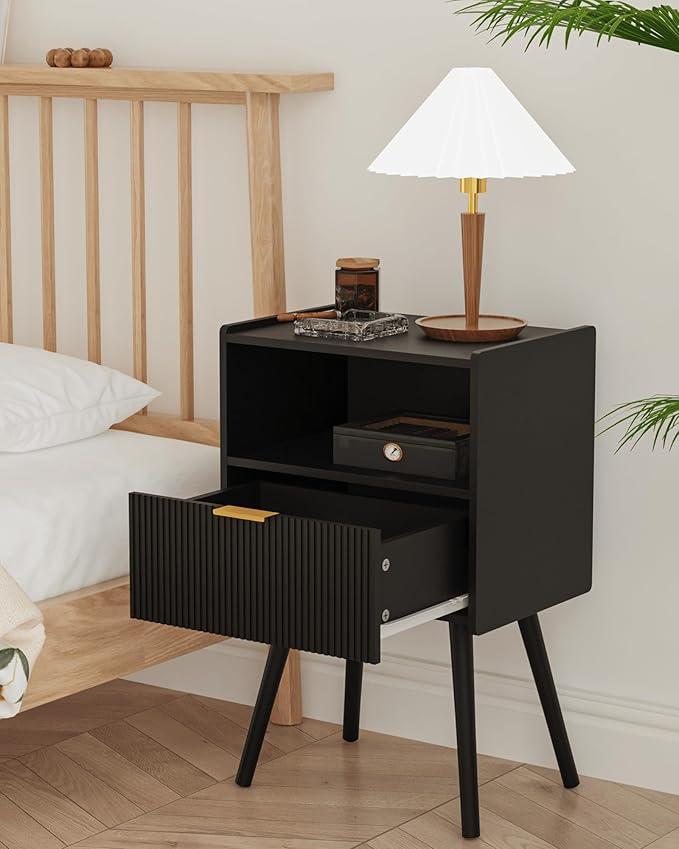 Nightstand,Modern Bedside Table with Storage Drawer and Open Wood Shelf, Accent Night Stand with Solid Wood Legs for Living Room, Bedroom and Small Spaces,Easy Assembly (Black)