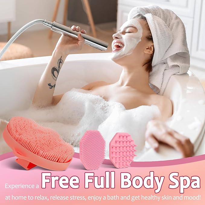 3 Soft Silicone Skin Scrubbers - Body Scrubber Exfoliating Brush Bath Shower Tool, with Gentle Manual Face Cleansing Wash Scrubber, with Hair Scalp Massager Shampoo Brush (Pink)