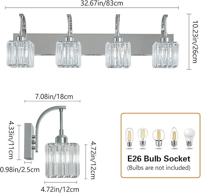 Crystal Vanity Lights 4-Light Chrome Bathroom Vanity Lights Modern Crystal Bathroom Light Fixtures Over Mirror 32.67" Long Vanity Light for Bathroom