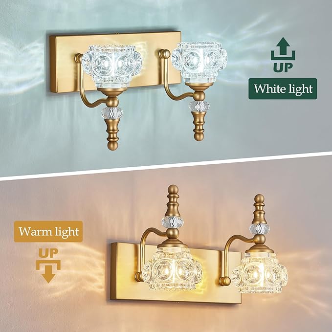 Modern Glass Crystal Vanity Light - Vintage Bathroom Lighting Fixtures Over Mirror, 2 Light Vanity Lights G9 Bulb (11.81 Inch,Brass)