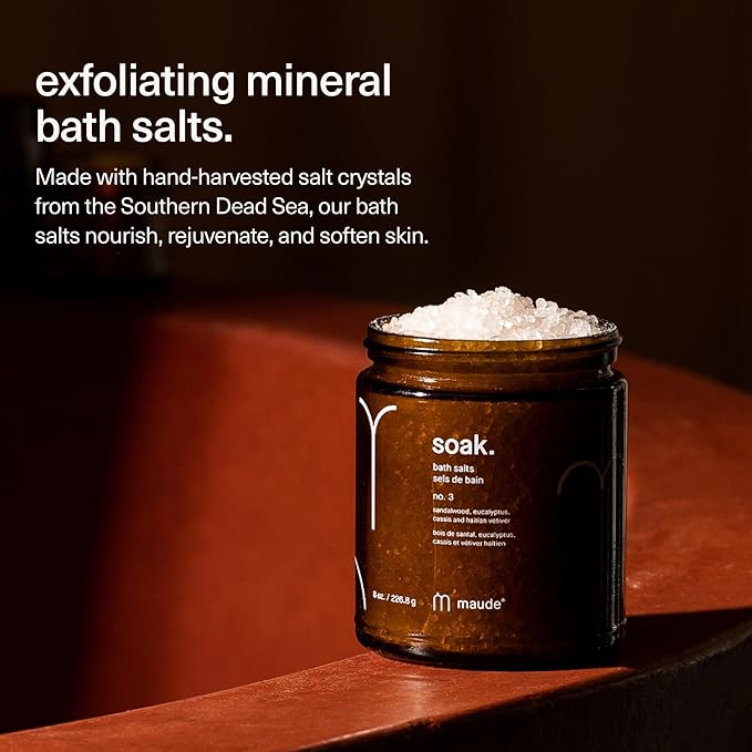 Maude Soak No. 3 - Nourishing Mineral Bath Salts - Hand-Harvested Dead Sea Salt with Magnesium & Potassium Chloride - Soften & Rejuvenate Skin - Notes of Sandalwood & Eucalyptus (8 oz)