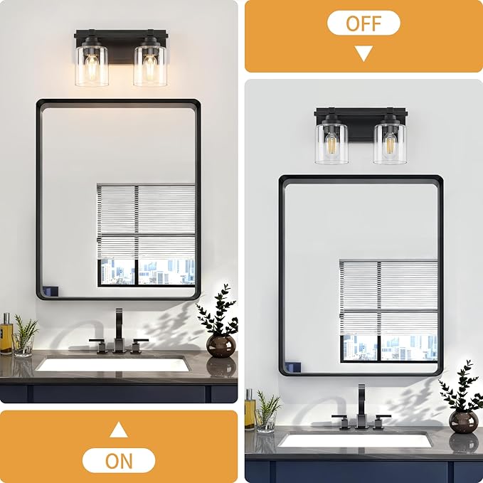 2 Light Modern Bathroom Light Fixtures Over Mirror, Black Vanity Lights for Bathroom Wall Sconces with Clear Glass Shades, E26 Socket (Bulbs Not Included)