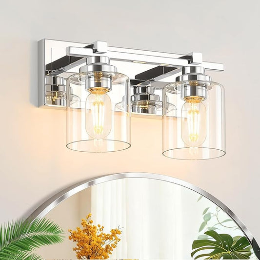 2 Light Modern Bathroom Light Fixtures Over Mirror, Chrome Vanity Lights for Bathroom Wall Sconces with Clear Glass Shades, E26 Socket (Bulbs Not Included)