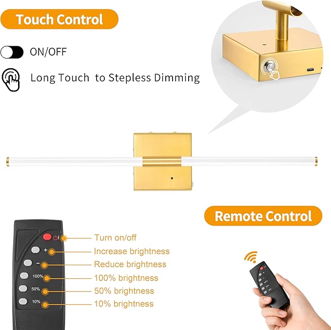 30 Inch White Gold Battery Operated Wall Sconces Set of 2, Dimmable Battery Wall Sconce with Remote Control, LED Rechargeable Sconces, Modern Wireless Wall Lights for Bedroom, Living Room