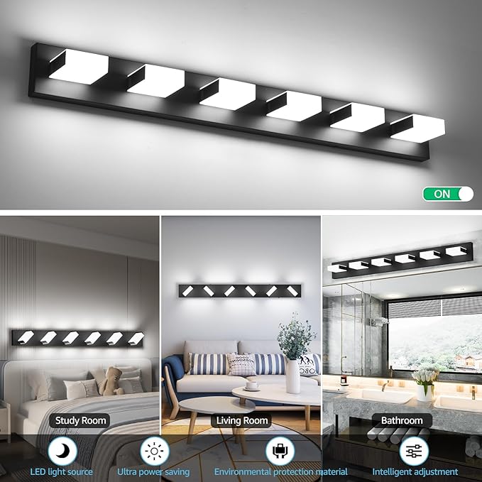 Aipsun Black Modern Bathroom Light Fixtures - 6 LED Vanity Lights, Over Mirror (White Light, 6000K)