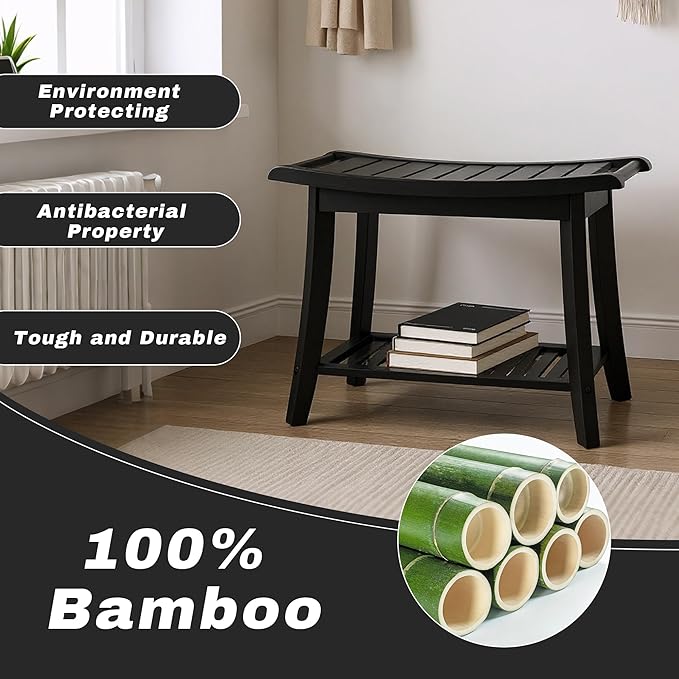 Bamboo Shower Bench Stool,24" Shower Chair Seat Non-Slip,Waterproof Bathroom Bench with Storage Shelf for Adults,Elderly, Disabled Indoor&Outdoor Use (Black)