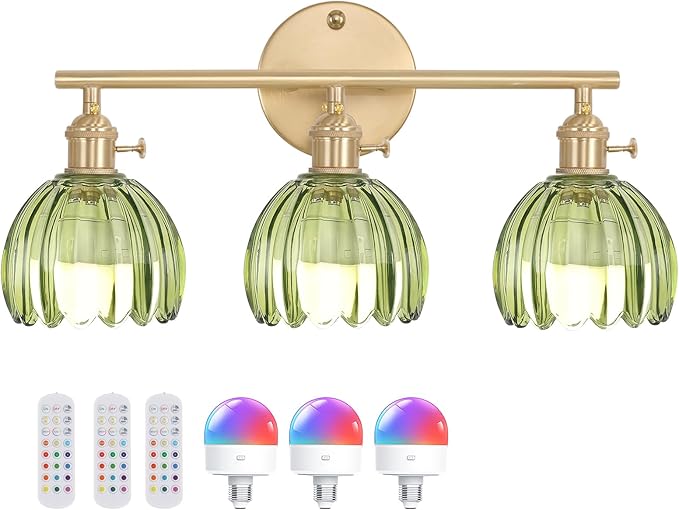 Battery Operated Bathroom Light Fixtures, 3-Light Brass Vanity Wall Light with 5000mAh Rechargeable Bulb Over Mirror with Green Tulip Glass Shade for Bedroom Living Room