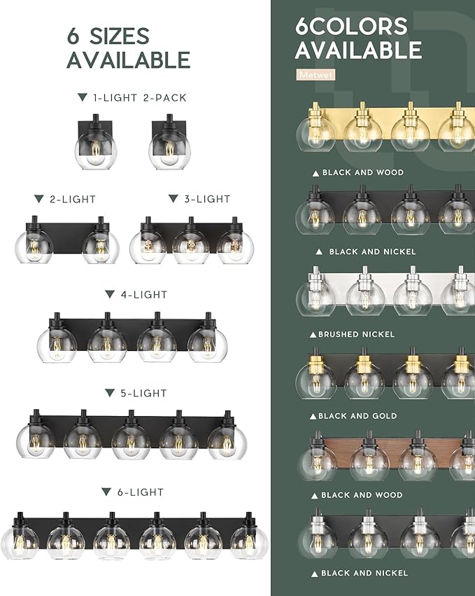 Bathroom Light Fixtures, 3-Light Matte Black Vanity Light, Modern Wall Sconces with Clear Glass Globe Shade, Bathroom Wall Lights for Mirror Kitchen Bedroom Hallway, VL195-MB-3