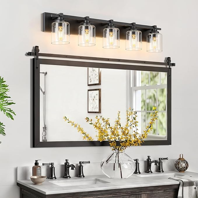 5 Light Modern Bathroom Light Fixtures Over Mirror, Black Vanity Lights for Bathroom Wall Sconces with Clear Glass Shades, E26 Socket (Bulbs Not Included)
