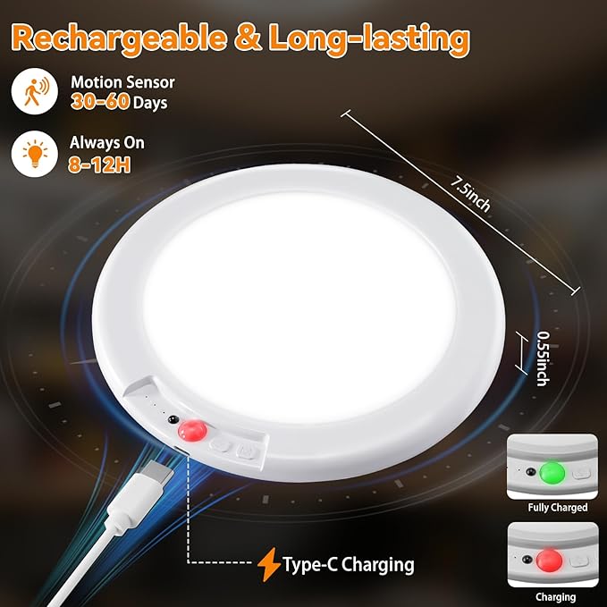 Rechargeable Ceiling Light 2Pack, 3 Color Motion Sensor Lights with Remote, Wireless Closet Light Battery Operated, Magnetic Dimmable LED Lights for Shower Pantry Shed Hallway Porch Garage Stairs