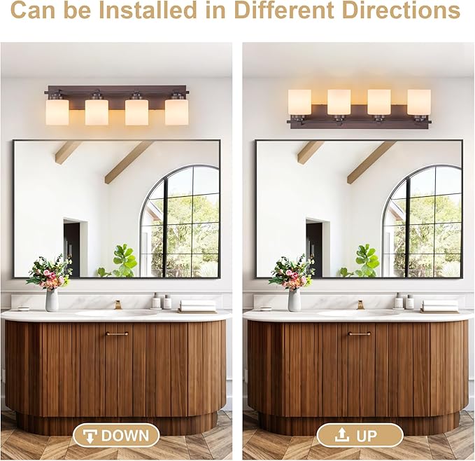 4 Light Modern Bathroom Light Fixtures Over Mirror, Bronze Finish Vanity Lights for Bathroom Wall Sconces with Milky White Glass Shades, E26 Socket (Bulbs Not Included)