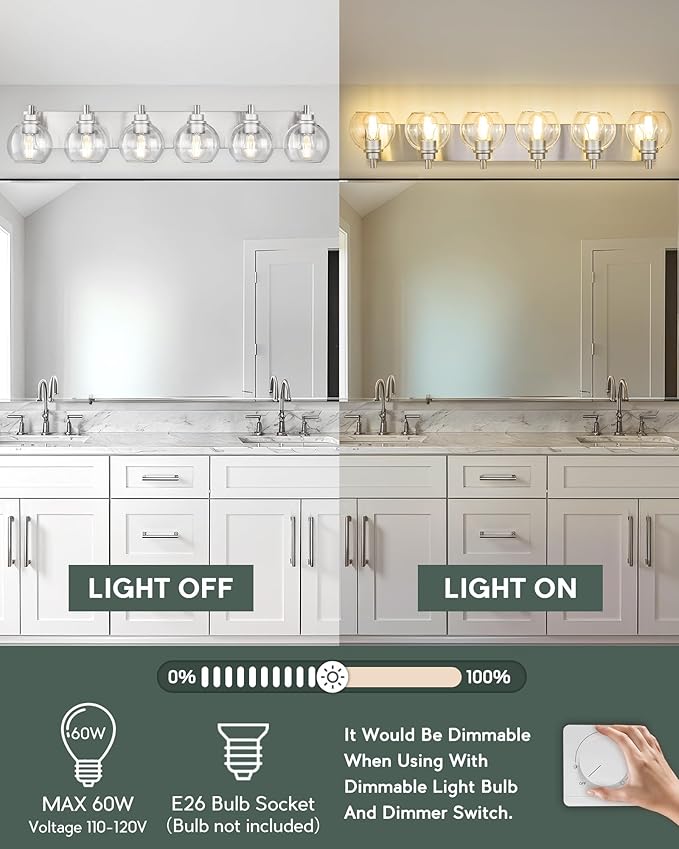 Bathroom Light Fixtures, 6 Light Brushed Nickel Vanity Light, 38 Inch Modern Wall Sconces with Globe Clear Glass Shade, Vanity Lighting Fixtures Over Mirror, VL195-BN-6