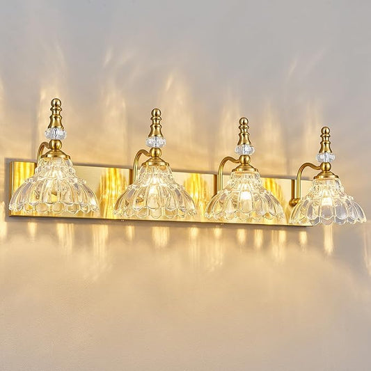 Vintage Bathroom Vanity Light, 4-Light Gold Vanity Lighting Fixture with Flower Glass Shade, Bathroom Lighting Fixtures Over Mirror