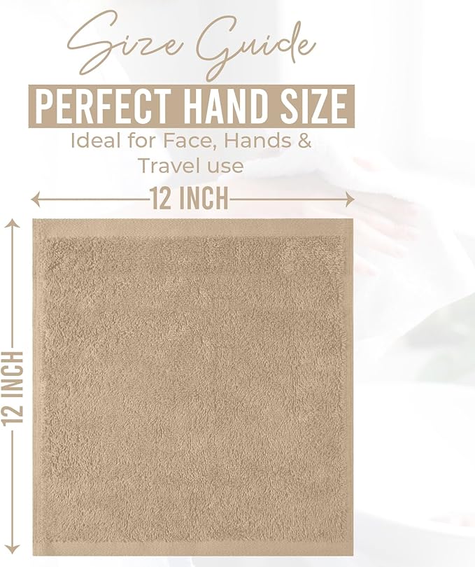 DAN RIVER 12 Pack Wash Cloths for Showering [12x12] - 100% Cotton Washcloths Premium Quality Flannel Face Cloths for Bathroom, Highly Absorbent and Soft Feel Wash Clothes, Tan