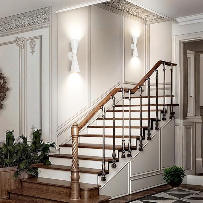 Modern Indoor Wall Sconces Set of 2 Up and Down White Wall Sconces Mid Century Indoor Wall Light Fixture Hardwired Wall Mounted Lamp for Living Room Bathroom Bedroom Hallway 13 Inch