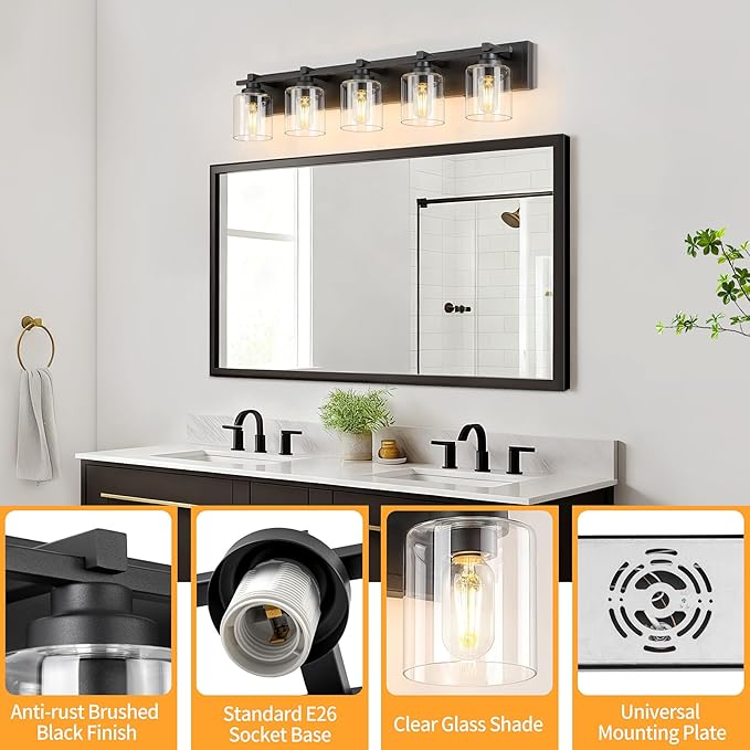5 Light Modern Bathroom Light Fixtures Over Mirror, Black Vanity Lights for Bathroom Wall Sconces with Clear Glass Shades, E26 Socket (Bulbs Not Included)