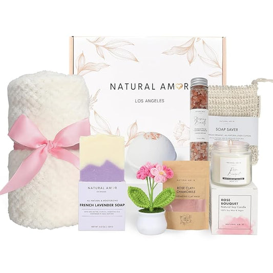 Natural Amor 8-Piece Spa Gift Set with Blanket – Self-Care Box with Rose Clay Mask, Bath Bomb, Goat Milk Soap, Candle– Relaxation Gift for Women – Pink Ribbon Blanket