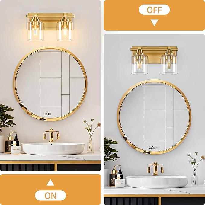 2 Light Modern Bathroom Light Fixtures Over Mirror, Brass Finish Vanity Lights for Bathroom Wall Sconces with Clear Glass Shades, E26 Socket (Bulbs Not Included)