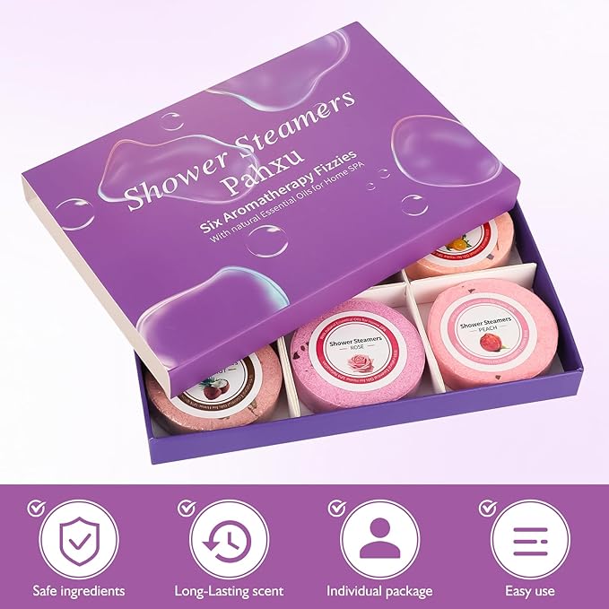 Shower Steamers 6 Pack Set, Shower Bombs Tablets with Organic & Safe Essential Oils for Skin Moisturizing, Natural Bubble Bath Fizzy, Ideal Presents for her, Girl, Wife, Mother, Women