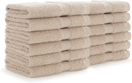 Arkwright True Color Solid Wash Cloths - Soft 100% Cotton Washcloths 12 Pack - Lightweight 475 GSM, Absorbent & Quick Dry for Face and Body, 12 x 12 in, Beige
