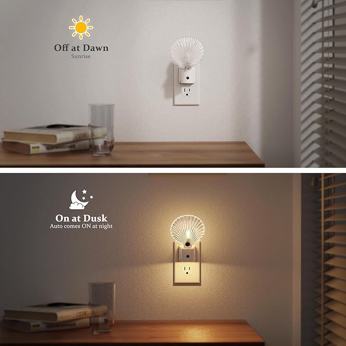 JandCase Night Light, Night Lights Plug into Wall, 2 Pack Dusk to Dawn Sensor Seashell Nightlights, 3000K Soft White Brightness Adjustable Nightlight for Kids Bedroom Hallway Kitchen