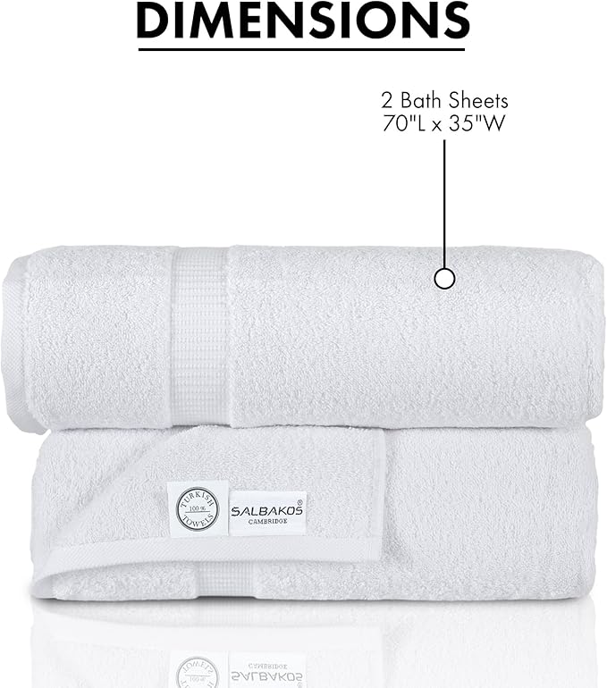 SALBAKOS 100% Turkish Cotton Extra Large Bath Sheet Set of 2 35x70 inch | Heirloom Quality | Hotel & Spa Collection | Soft, Absorbent Oversize Bath Towels | Made in Turkey (White, 2 Bath Sheets)
