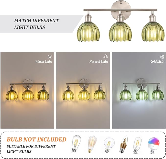 Bathroom Light Fixtures, 3-Light Vanity Wall Light Over Mirror with Green Tulip Glass Shade for Bedroom Living Room (Bulb Not Included), Satin Nickel