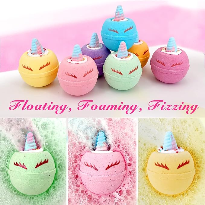 Skin-Safe Unicorn Bath Bombs for Kids with Surprise Squishy Toys Inside, 9 Extra Large Bath Salts with Calming and Long Lasting Scent, Natural Bubble Bath Bombs for Girls Sensitive Skin