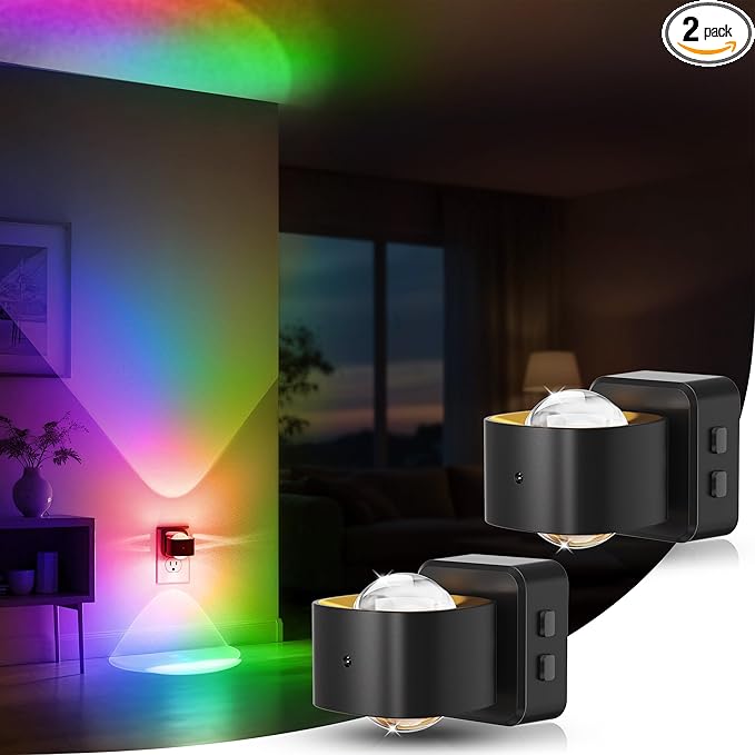 Briignite Night Light Projector, RGB Color Changing Night Light for Kids, 180° Rotating Night Lights Plug into Wall, Dusk to Dawn Sensor, RGB Ambient Lighting for Gaming Room Bathroom Gifts, 2 Pack