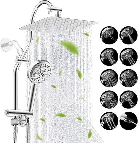 Hibbent Upgraded All Metal 10"Rainfall Showerhead Combo, High Pressure Shower Head with 10-Spray Mode Handheld, Innovative 4-way Diverter with Pause Mode, 71'' Shower Hose and Handheld Holder, Chrome