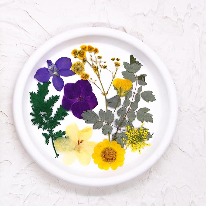30Pcs Dried Pressed Flowers for Resin DIY Art Crafts Natural Dry Leaves Ferns Daisy Epoxy Jewelry Real Flower Decor Cakes Bookmarks Phone Cases Candles Handmade Soap Yellow&Purple