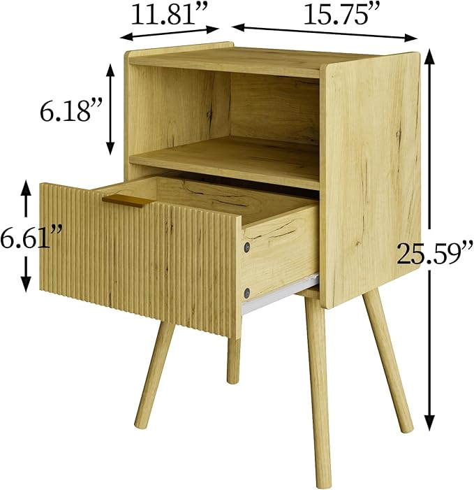Nightstand,Modern Bedside Table with Storage Drawer and Open Wood Shelf, Accent Night Stand with Solid Wood Legs for Living Room, Bedroom and Small Spaces,Easy Assembly (Yellow Oak)