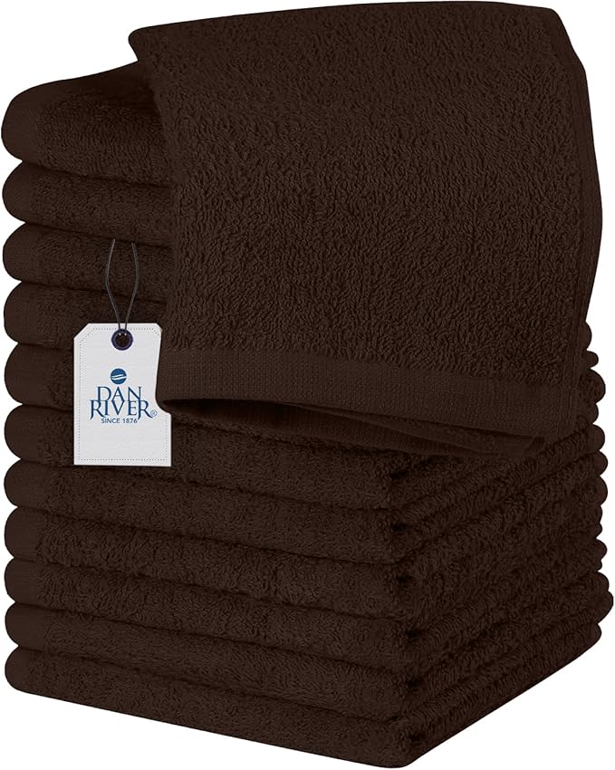 DAN RIVER 12 Pack Wash Cloths for Showering [12x12] - 100% Cotton Washcloths Premium Quality Flannel Face Cloths for Bathroom, Highly Absorbent and Soft Feel Wash Clothes, Brown