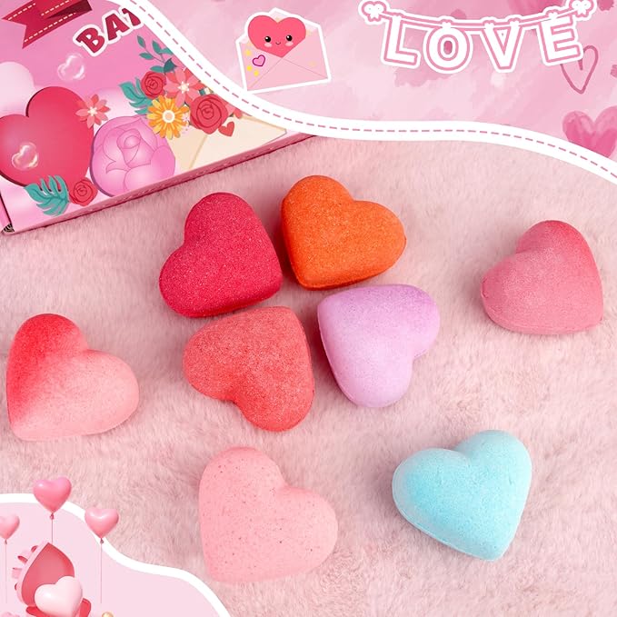 Valentine's Day Bath Bombs - 8PCS Bath Bomb for Women,8 Coloured Heart Shape,Valentine's Day Gifts for Girls Mom Family
