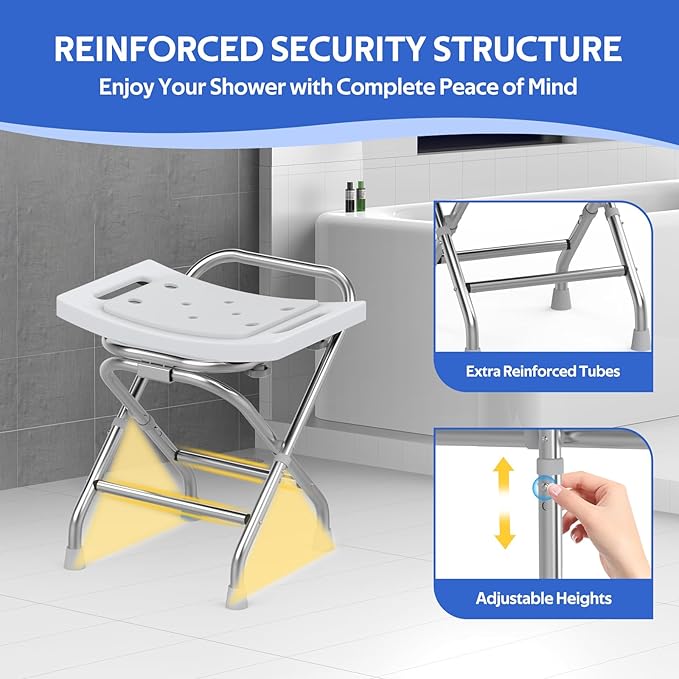 Folding Shower Seat - Stainless Steel Shower Chair for Inside Shower - 420lbs Height Adjustable Foldable Shower Stool - Portable Travel Collapsible Bath Bench for Elderly, Handicap & Disabled (Gray)