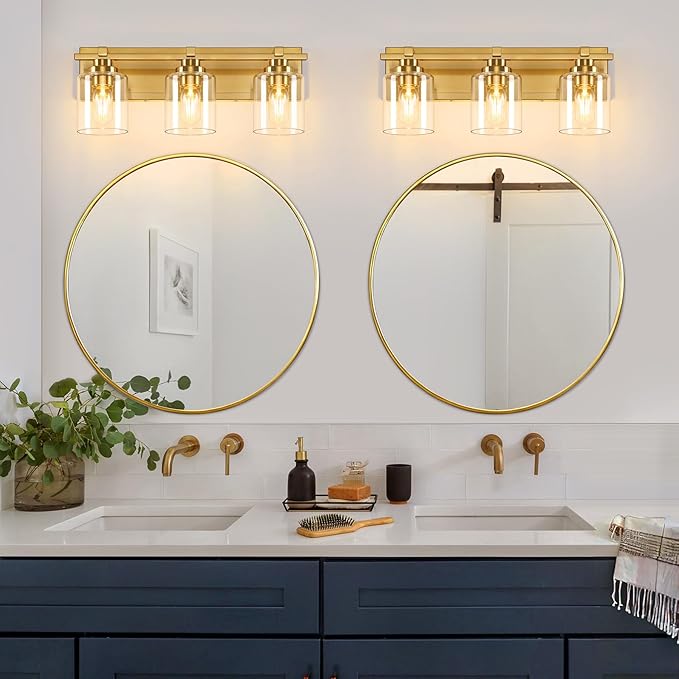 3 Light Modern Bathroom Light Fixtures Over Mirror, Brass Finish Vanity Lights for Bathroom Wall Sconces with Clear Glass Shades, E26 Socket (Bulbs Not Included)