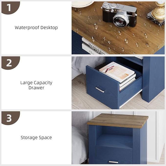 4ever2buy Farmhouse Nightstand with Storage Drawer, Bedside Table with Metal Handle&Open Wood Shelf, Rustic End Table for Bedroom, Living Room, Blue